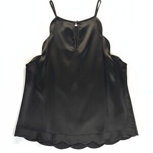 Monteau Los Angeles Black Satin Blouse Medium Scalloped Hem Sleeveless Keyhole